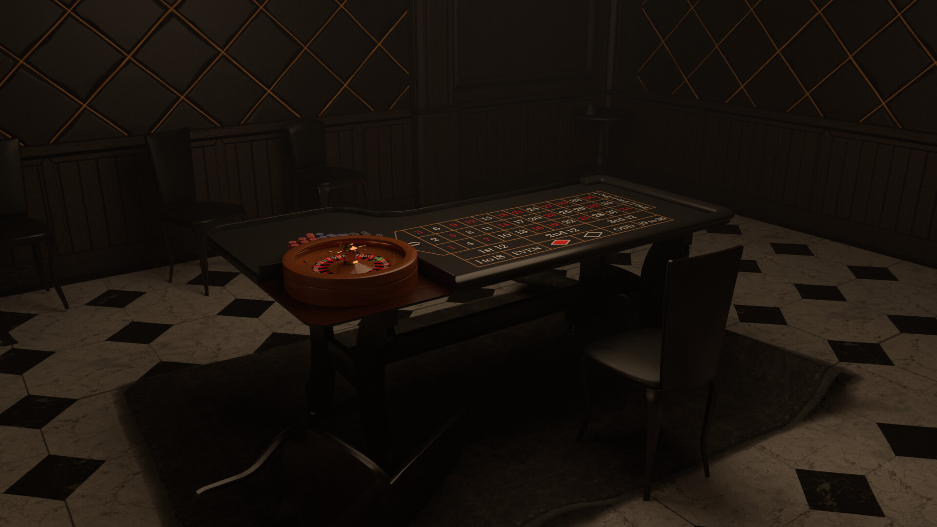Dark casino room with a roulette table, marble floor and brass-trimmed walls
