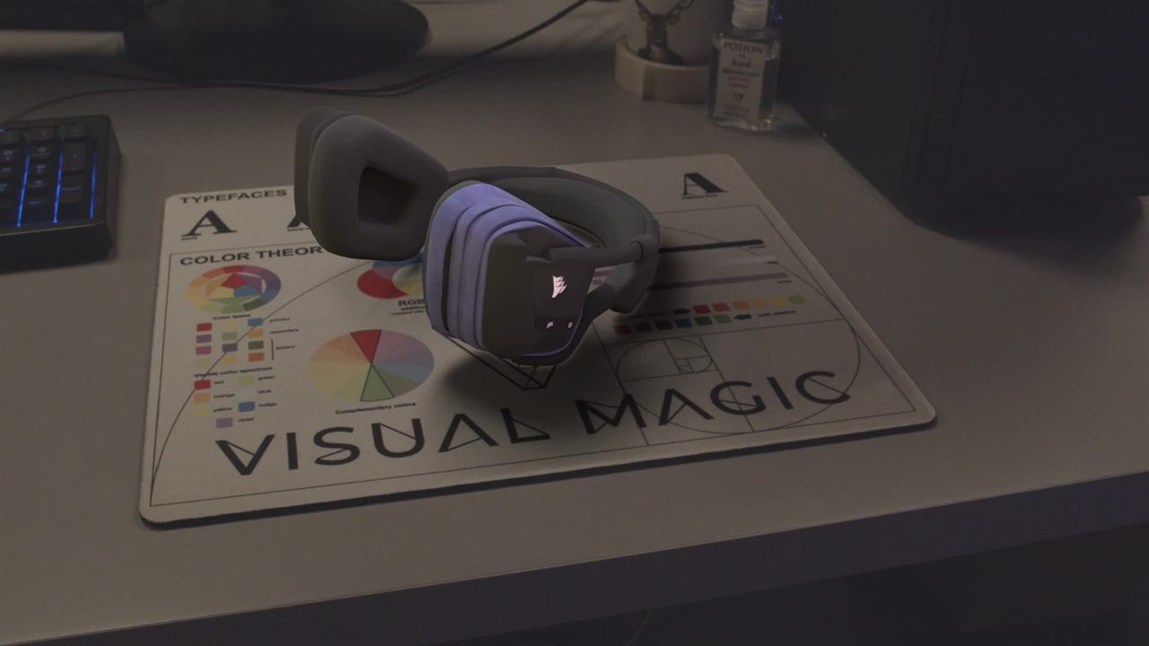 CG gaming headset integrated into live-action footage of a desk