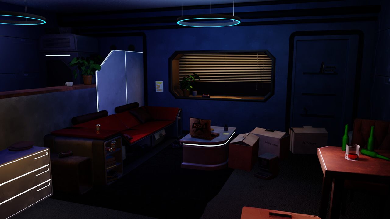 Cyberpunk apartment with neon ring lights, a red couch and moving boxes