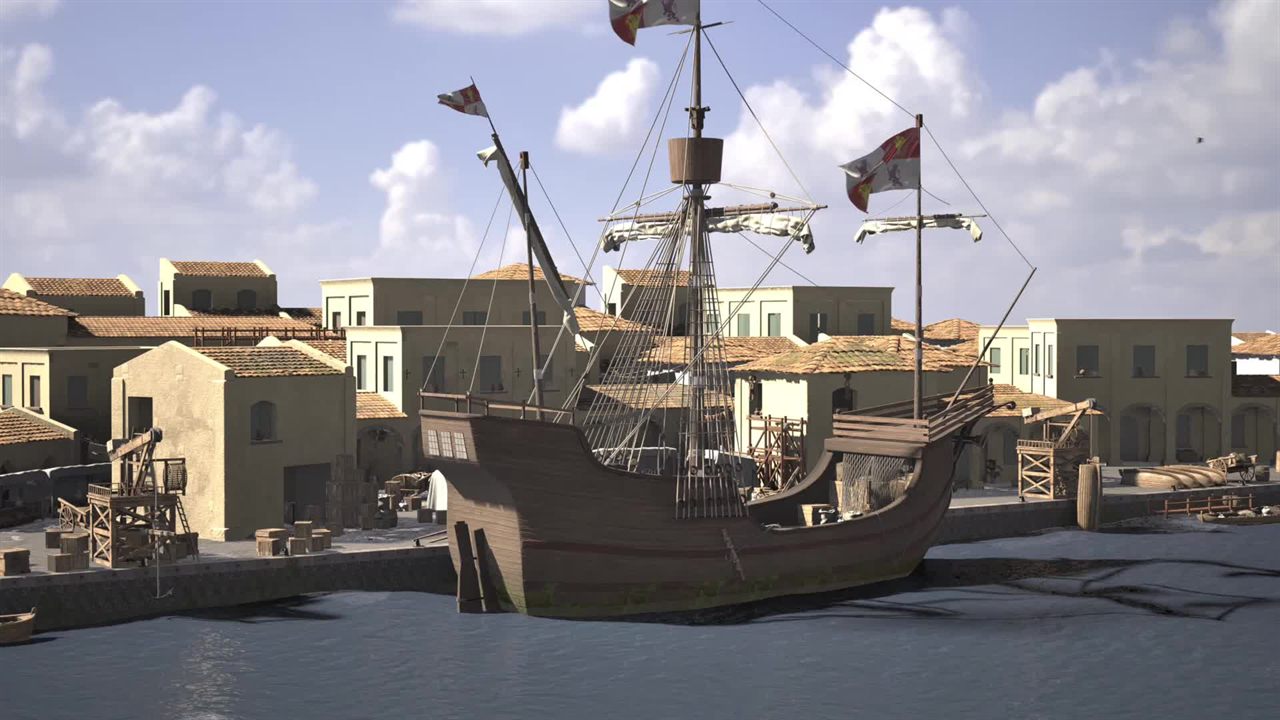 Wooden sailing ship moored in a sunny Mediterranean harbor town