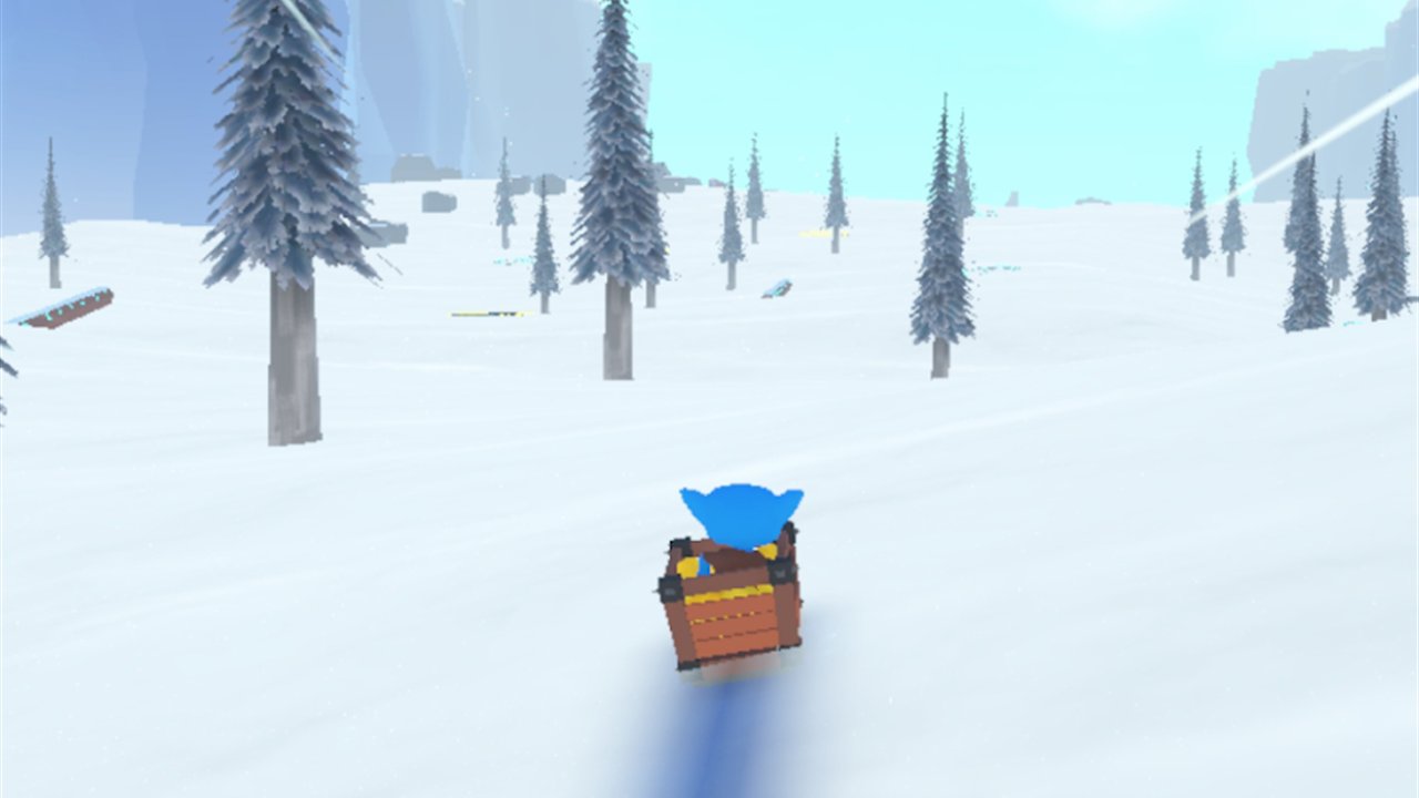 Blue goblin sledding down a snowy slope between pine trees