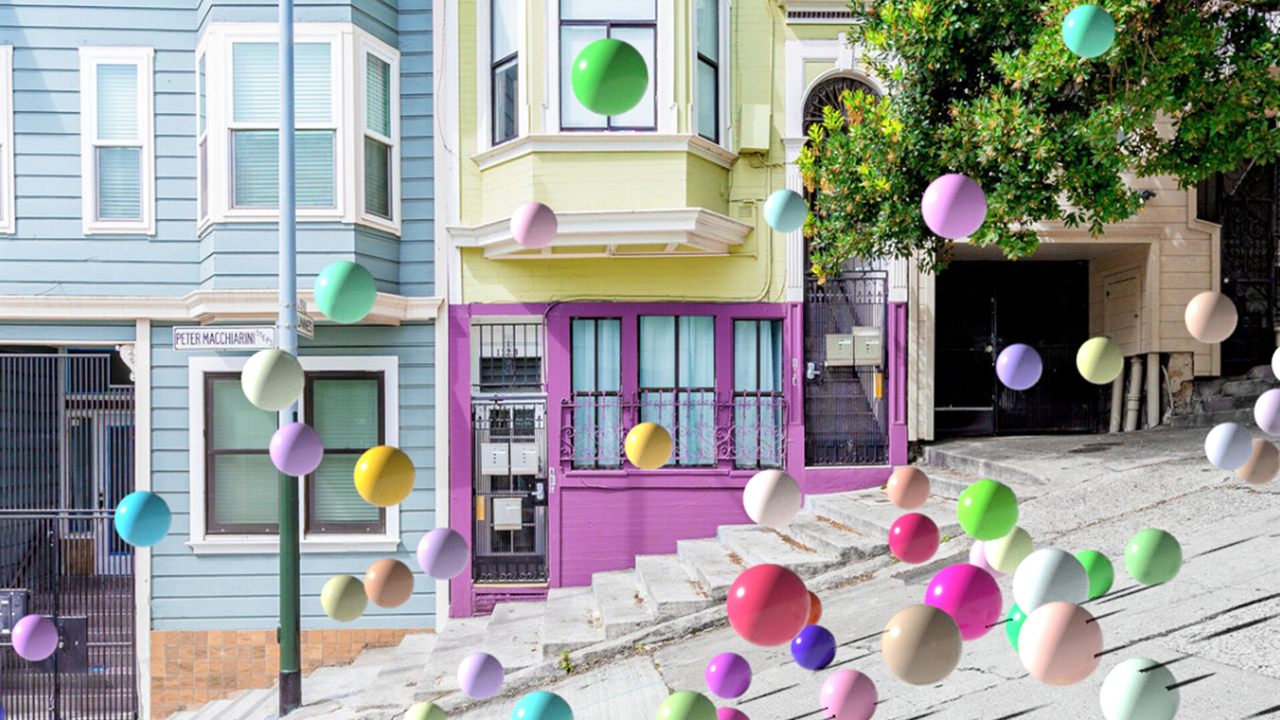 Colorful bouncy balls composited onto a steep San Francisco street