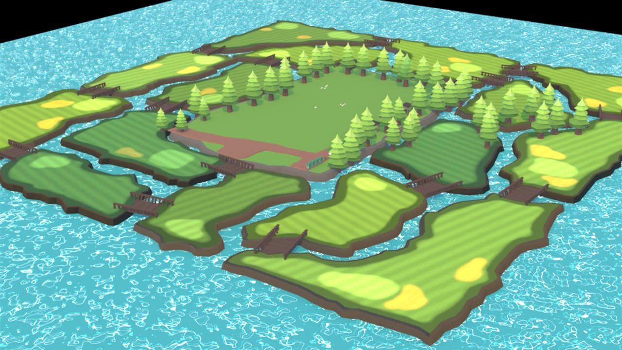 Low-poly golf course of green islands connected by bridges, surrounded by water