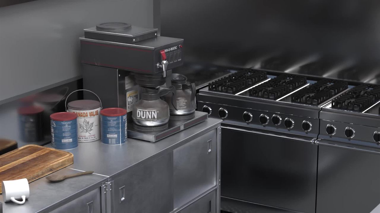 Photoreal commercial kitchen with a coffee machine and stoves