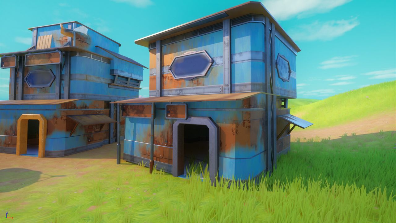 Stylized, weathered blue solarpunk buildings on a grassy hill