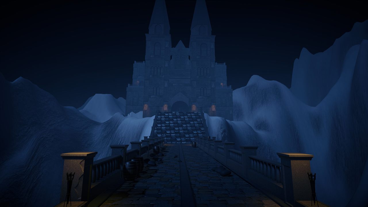 Gothic cathedral at the end of a stone bridge between snowy cliffs at night