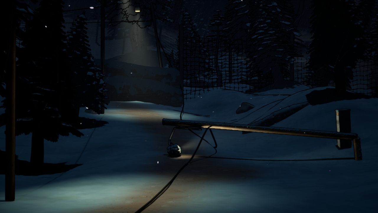 Stylized snowy forest road at night with a fallen power line